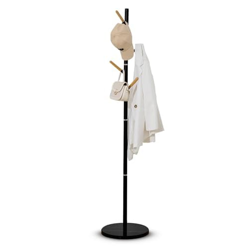 A&M Coat Rack Freestanding with 6 Wooden Hooks & Marble Base - 18 lbs Metal Coat Tree Stand for Hanging Clothes, Hats, Bags, & Jackets - Heavy Duty Purse Rack Stand for Entryway, Bedroom & Office