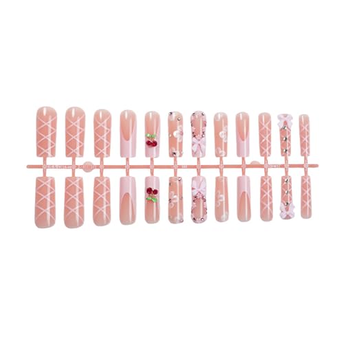 Long Coffin Press on Nails Pink French False Nails with Cherry and Bow