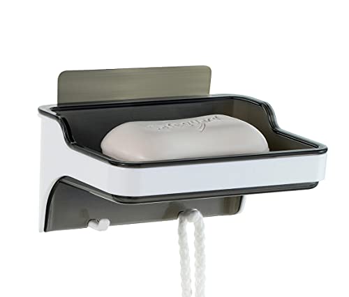 Mantto Adhesive Soap Holder with Hooks - Self-Draining Dish (White/Grey)
