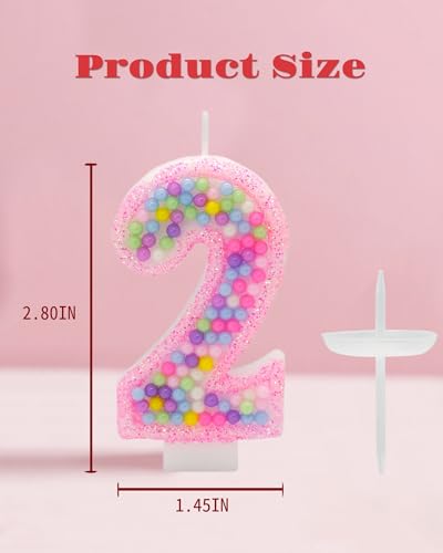 Number 2 Birthday Candle - Pink Macaron Glitter Cake Topper for 2nd Birthday