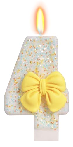 Number 4 Birthday Candle with Yellow Bow Cake Topper Decoration