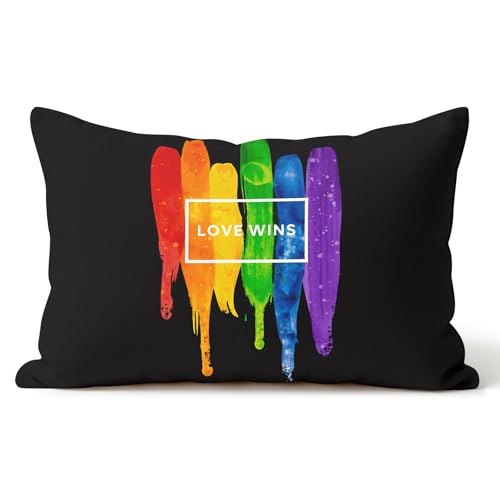 Love Wins Rainbow Throw Pillow Cover, 12x20 Inch Burlap Pride Cushion Case