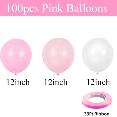 100pcs 12-Inch Pink and White Balloons Set with Ribbon for Party Decor