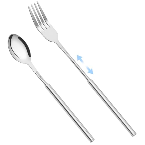 2 PCS Extendable Fork Spoon Set, Telescopic Stainless Steel Fork Spoon, Extendable 25.3 In, BBQ Dinner Fruit Dessert, Camping Flatware
