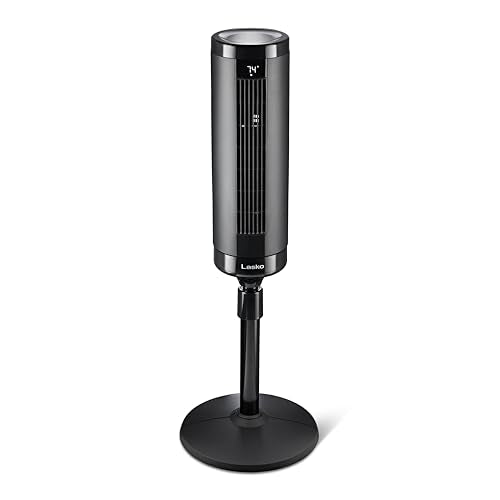Lasko Elevation Adjustable Tower Fan 42”-54”, Pedestal Fan, 31 ft/s Airflow, Quiet 28 dB, 90° Oscillation, 12h Timer, Remote, Black, EST100