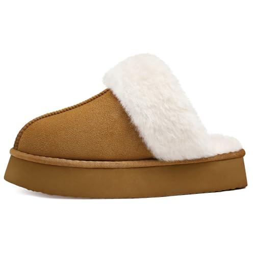 Fuzzy Memory Foam Slippers for Women Indoor Outdoor House Shoes - Platform Brown 8