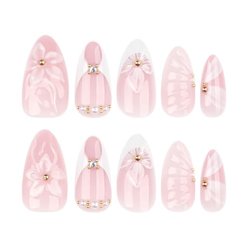Medium Almond Press on Nails White French Fake Nails with Flower Design