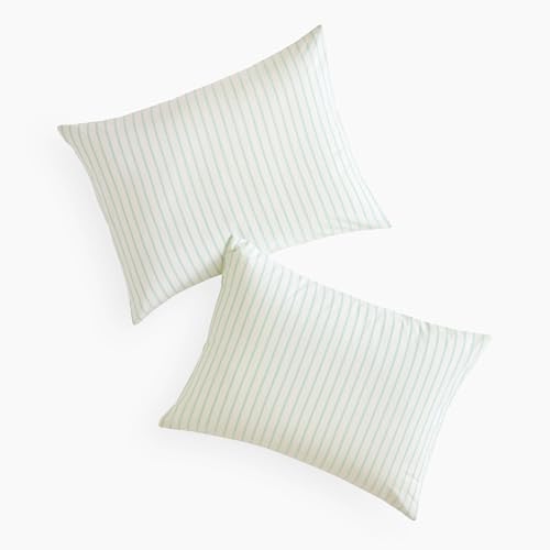 Striped Pillow Cases Set of 2 - 100% Washed Cotton, Green & White, Standard Size 20x26 Inches