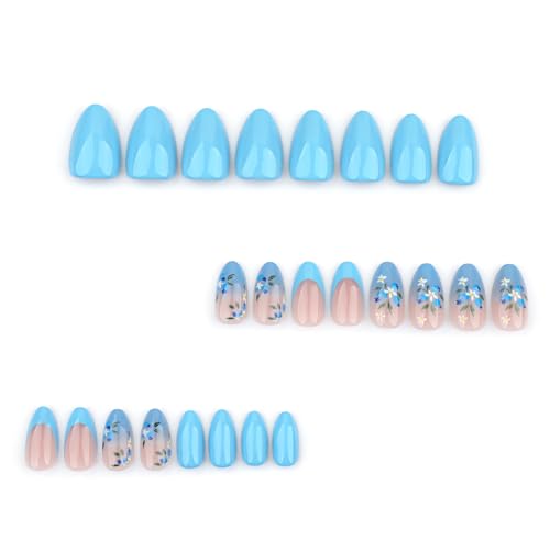 Navy Blue Short Almond Press on Nails with Flower Design - 24Pcs