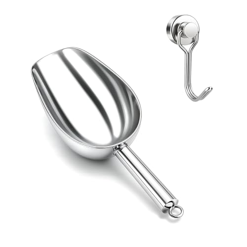 Wapodeai 6oz Stainless Steel Ice Scoop with Magnetic Hook for Kitchen