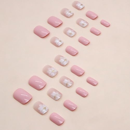 Short Square Glossy Pink Press On Nails with Camellia Design 32pcs