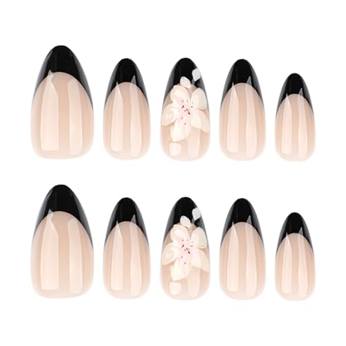 3D Flower Press on Nails Black French Tip Short Almond Fake Nails