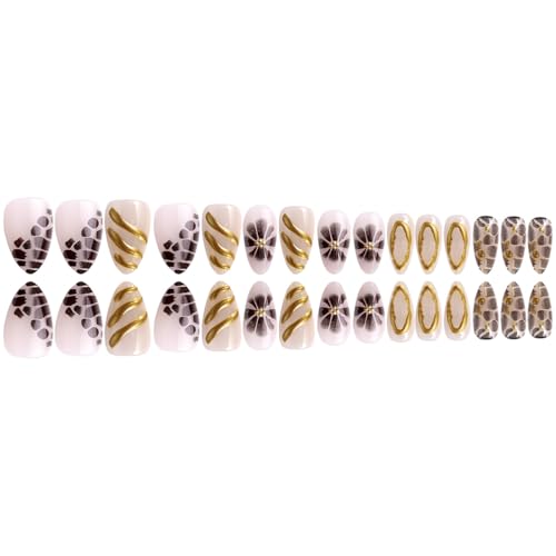 Brown Flower Press on Nails Medium Almond Fake Nails with Gold Design