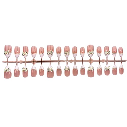 Short Almond French Tip Press On Nails with Gold Line & 3D Bow 30Pcs