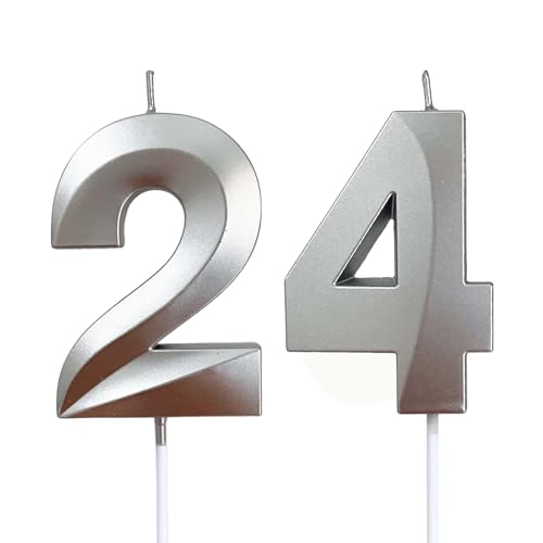 24th & 42nd Birthday Number Candles - Silver, 2.76" Tall
