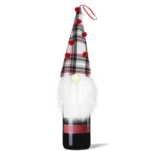 Christmas Gnome Wine Bottle Topper - Festive Plaid Decorative Cover