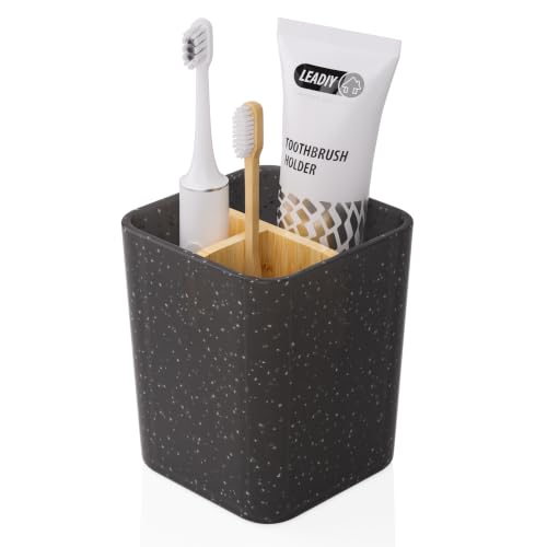 Leadiy Bamboo Toothbrush Holder with 3 Slots for Bathroom Counter - Black Marble Design