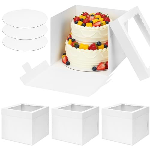 Moretoes 3 Pack 12x12x10 Cake Boxes with Boards & Window