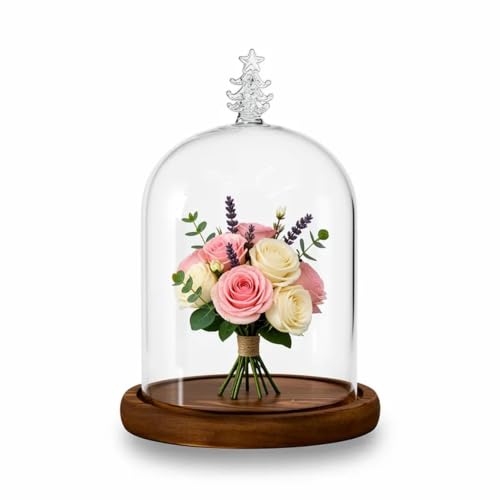 Medium Glass Cloche Dome with Wooden Base and Christmas Tree Top - 4.7x6.3 inches