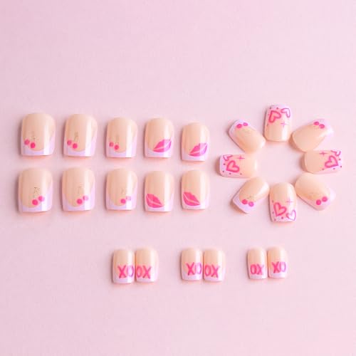 Short Square Press on Nails Valentine French Tip Acrylic False Nails