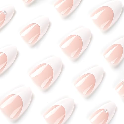 TBRZTR White French Press On Nails Almond 3D Bear Pearl False Nails Kit