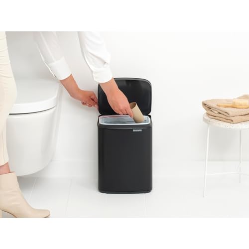 Brabantia Bo Small Lift-Open Trash Can | 1.8 Gal / 7L | Matt Black | Wall-Mountable/Free Standing Bedroom, Bathroom, Nursery Trash Can, Removable Inner Bucket, Non-Slip Base | +Trash Bags
