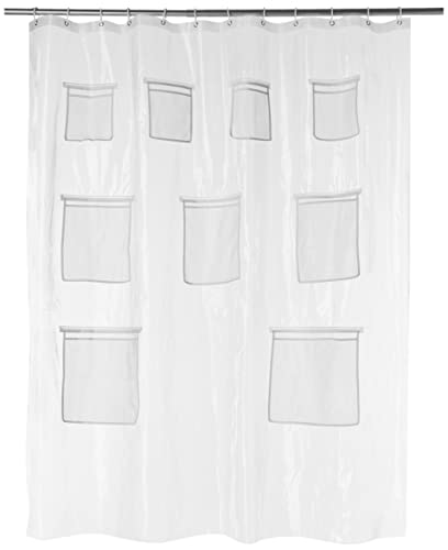 Clear PEVA Shower Curtain with 9 Storage Pockets - 72" x 72"