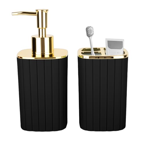 RRM Black and Gold Bathroom Accessory Set - 2-Piece Soap Dispenser & Holder