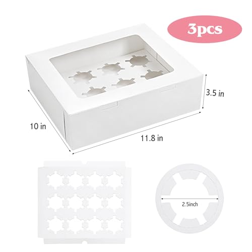 Moretoes Cupcake Boxes with Window - 3PCS, Fits 36 Cupcakes (11.5x9.7x3.5in)