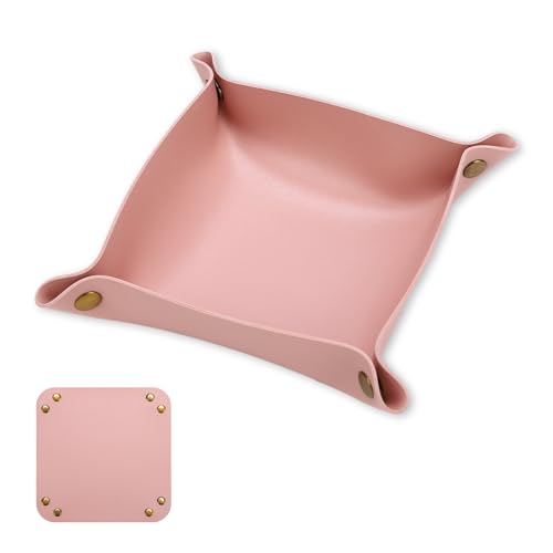 Pink PU Leather Valet Tray - 8x8 Inch Organizer for Keys, Coins & Jewelry