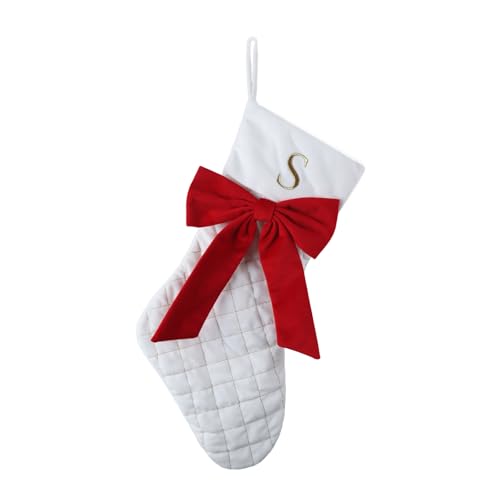 Personalized Christmas Stocking with Initials, 20 Inch Large Xmas Stocking with Gold Embroidery and Red Bow - S Variation