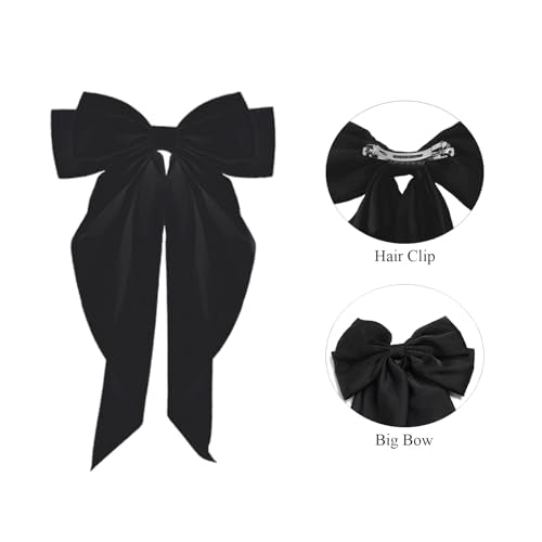 Big Satin Hair Bows with Barrettes Clips, 3-Pack Long Tail Bows
