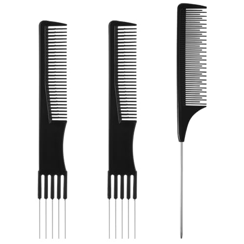 Grevosea 3-Piece Teasing and Rat Tail Hair Comb Set with Metal Pick