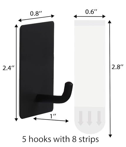 5-Pack Adhesive Towel Hooks, Black Stainless Steel Heavy Duty Wall Hooks