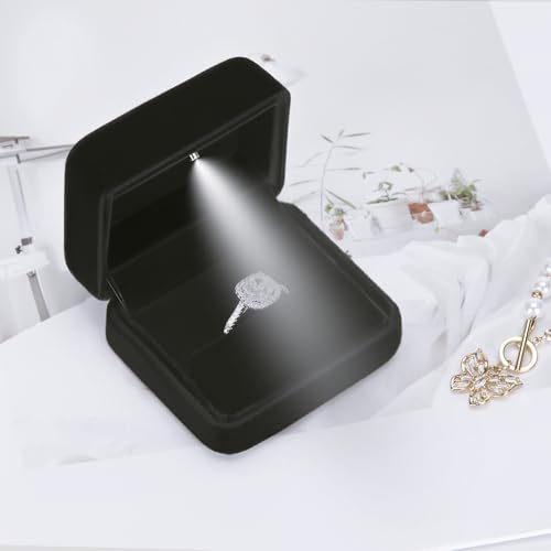 LETURE Black Glossy Jewelry Ring Box with LED Light - Velvet Gift Box for Engagement & Weddings