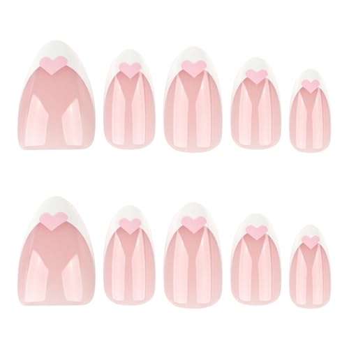 Short Almond Press on Nails French Tip with Pink Heart Valentines Fake Nails Kit