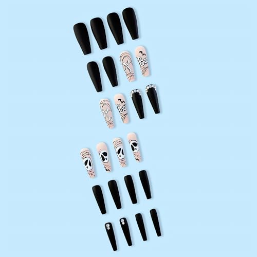 SINSEN Long Coffin Halloween Press on Nails - 24 Pcs Cartoon Skull Acrylic Fake Nails
