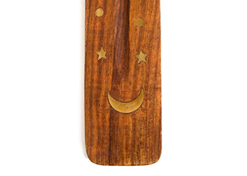 Handmade Wooden Incense Holder with Brass Moon Inlay - 10"