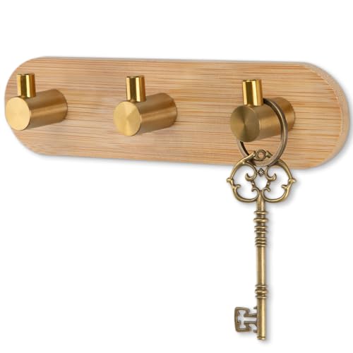 Nekon Bamboo Wall Key Holder with Gold Hooks - Small Adhesive Rack