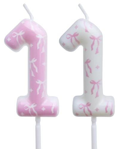 Pink & White Bow Birthday Candles for Girls, Number 11 Cake Toppers