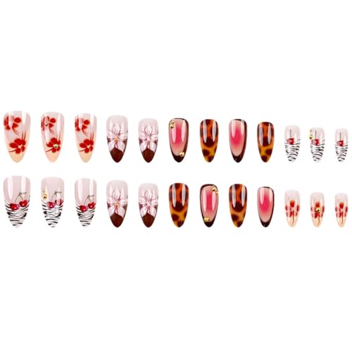 OSTTMA Flower Leopard Print Press on Nails Almond Medium French Fake Nails