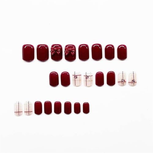 Square Short Red Press On Nails with Rhinestones and Bows 24pcs