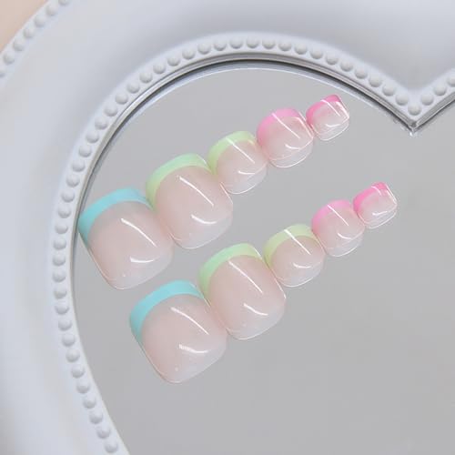 Colorful French Tip Press on Toenails Short Square Fake Toe Nails