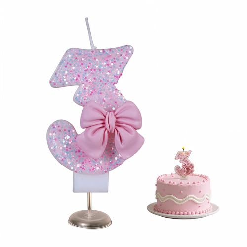Number 3 Pink Glitter Birthday Candle with Bow - 2.95 Inch Cake Topper
