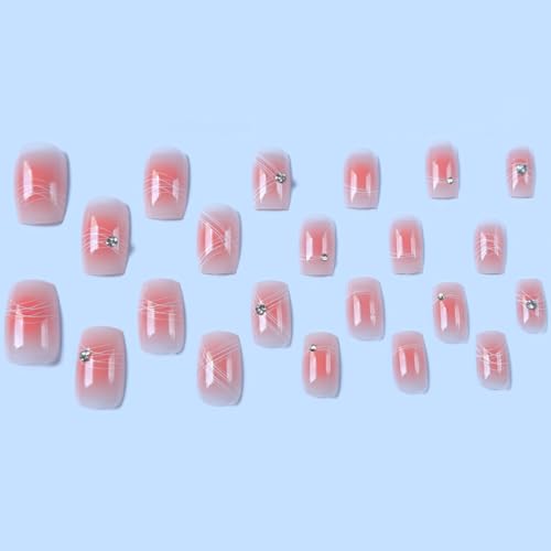 Pink Gradient Press on Nails Short Square Rhinestone False Nails Kit