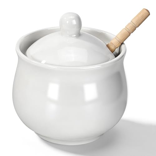 JOYLULU Ceramic Honey Jar with Wooden Dipper - 8 Oz White Honey Pot