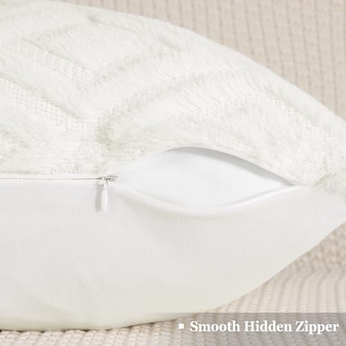 Pallene Cream White Faux Fur Throw Pillow Covers Set of 2 - 18x18 Decorative Pillow Cases with 3D Diamond Pattern