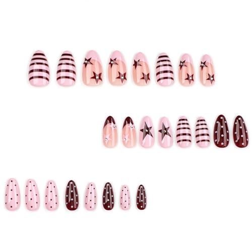 Red Polka Dot Press On Nails Medium Almond Fake Nails Y2k Star 24Pcs