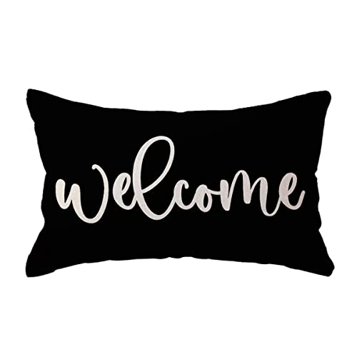 Welcome Decorative Lumbar Pillow Cover - 12x20 Inch Black Farmhouse Style