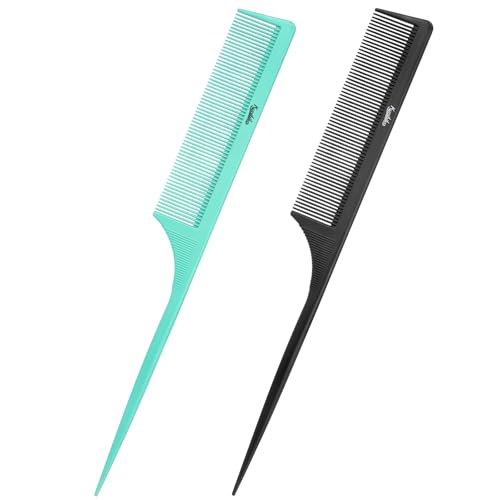 Kunihiko 2Pcs Carbon Fiber Rat Tail Combs for Parting and Styling, Anti-Static Fine Tooth Hair Combing Tools